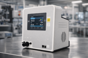 Industrielles Kunststoffgehäuse auf Edelstahl-Arbeitsbank.png