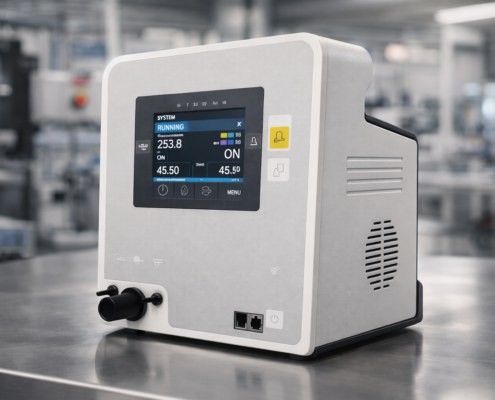 Industrielles Kunststoffgehäuse auf Edelstahl-Arbeitsbank.png