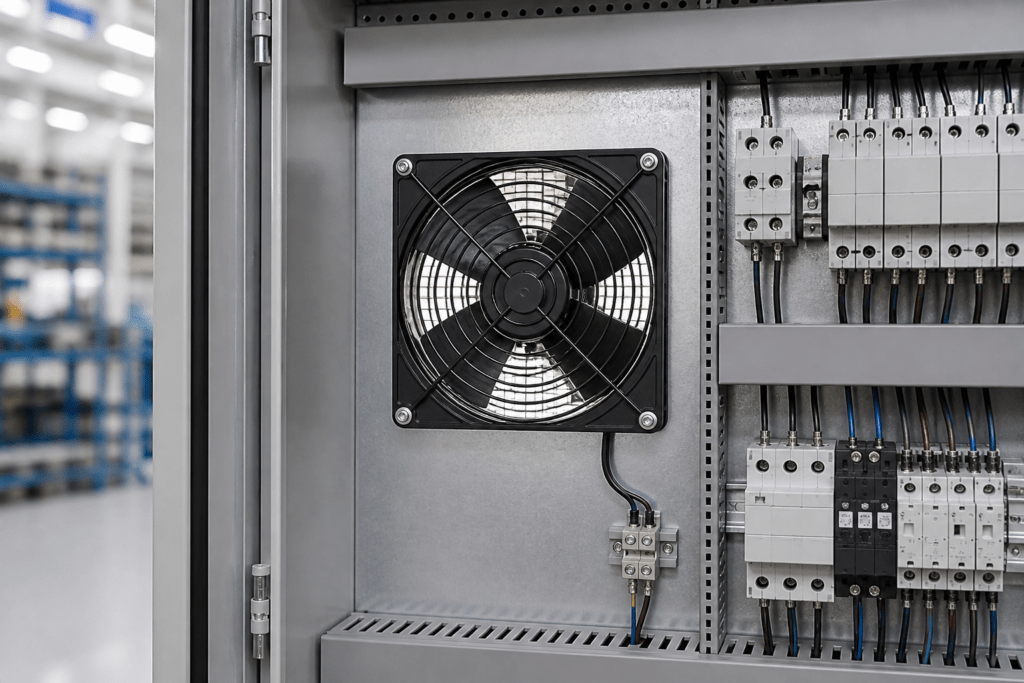 AC-Axiallüfter mit Schutzgitter in einem freien Luftdurchlass eines geöffneten Schaltschranks.