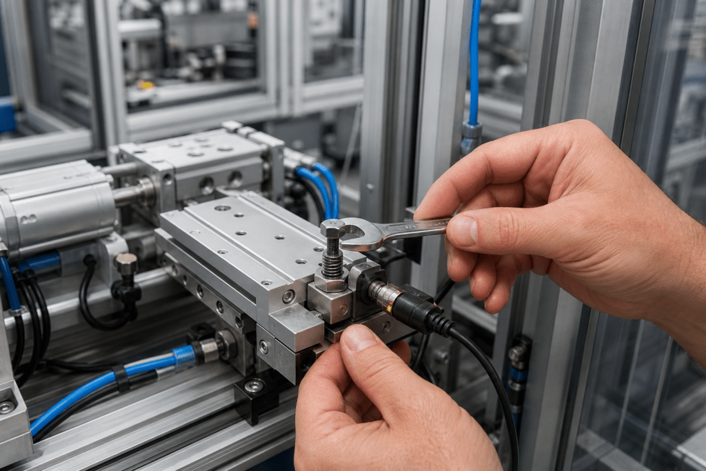 Techniker stellt eine Anschlagschraube mit Sensorrückmeldung an einer pneumatischen Lineareinheit ein.