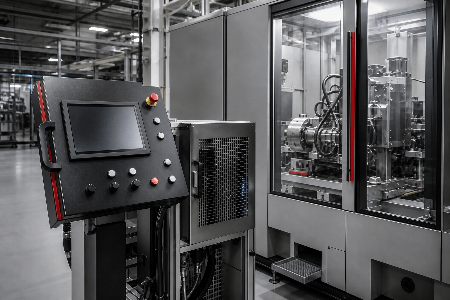 Industrielles Bedienpanel vor einer gekapselten Produktions- und Prüfanlage.