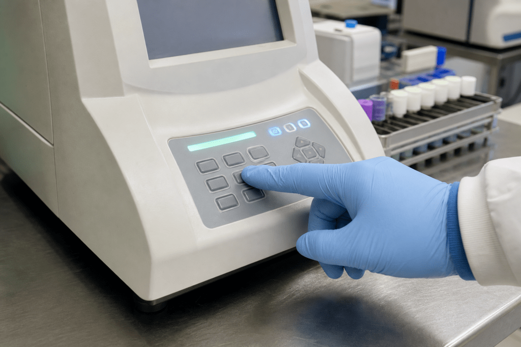 Blau behandschuhte Hand bedient eine flache Folientastatur an einem medizinischen Laborgerät; Probenbehälter stehen im Hintergrund.