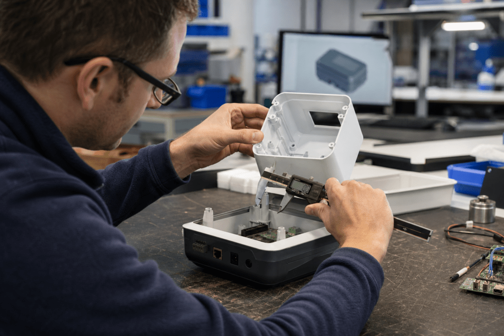 Entwickler prüft die Passform eines Kunststoffgehäuse-Prototyps mit digitalem Messschieber.