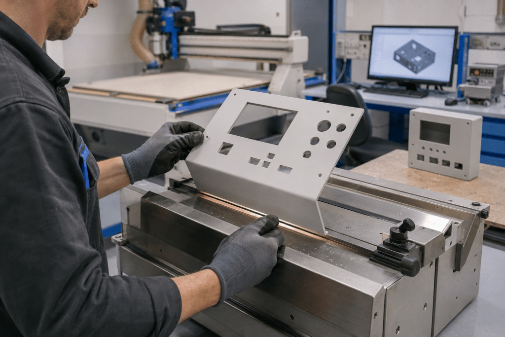 Mitarbeiter formt eine CNC-gefräste Kunststoffplatte mit Display- und Tasterausschnitten an einem Biegetisch zu einem Gehäuse.