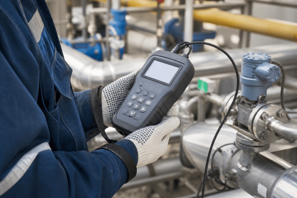 Techniker bedient ein kabelgebundenes Handmessgerät mit Display und Folientastatur an einer industriellen Rohrleitung.