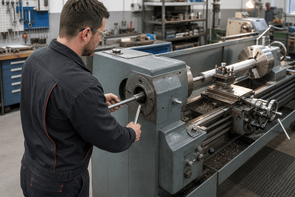 Maschinist setzt an der Rückseite einer stillstehenden Drehmaschine einen Hohlspindelanschlag mit Spezialschlüssel ein.