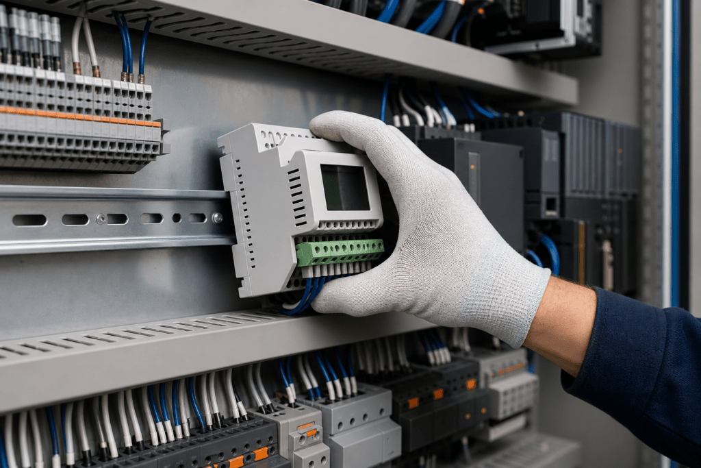 Behandschuhte Hand montiert ein graues Elektronikgehäuse mit Display und Anschlussklemmen auf einer DIN-Schiene im Schaltschrank.