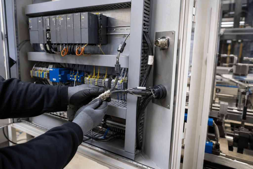 Techniker mit Arbeitshandschuhen verbindet einen vorkonfektionierten Kabelbaum mit Rundsteckern in einem geöffneten Maschinen-Schaltschrank.