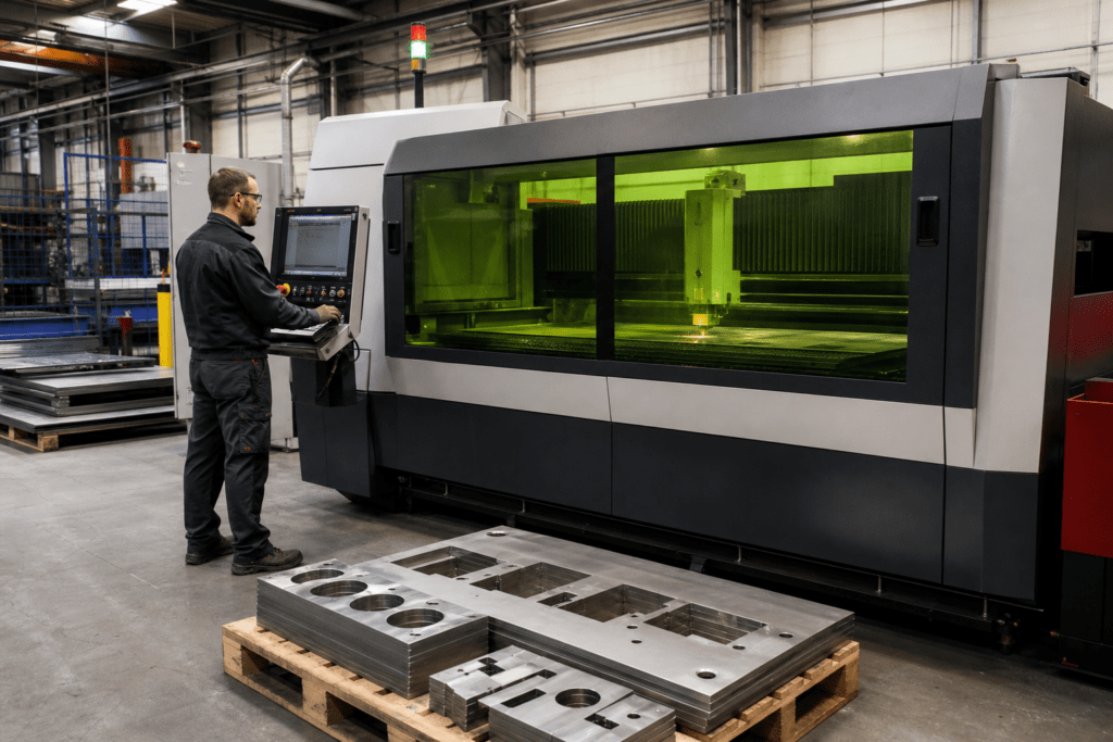 Bediener überwacht eine gekapselte Faserlaserschneidanlage; zugeschnittene Metallplatten liegen im Vordergrund.