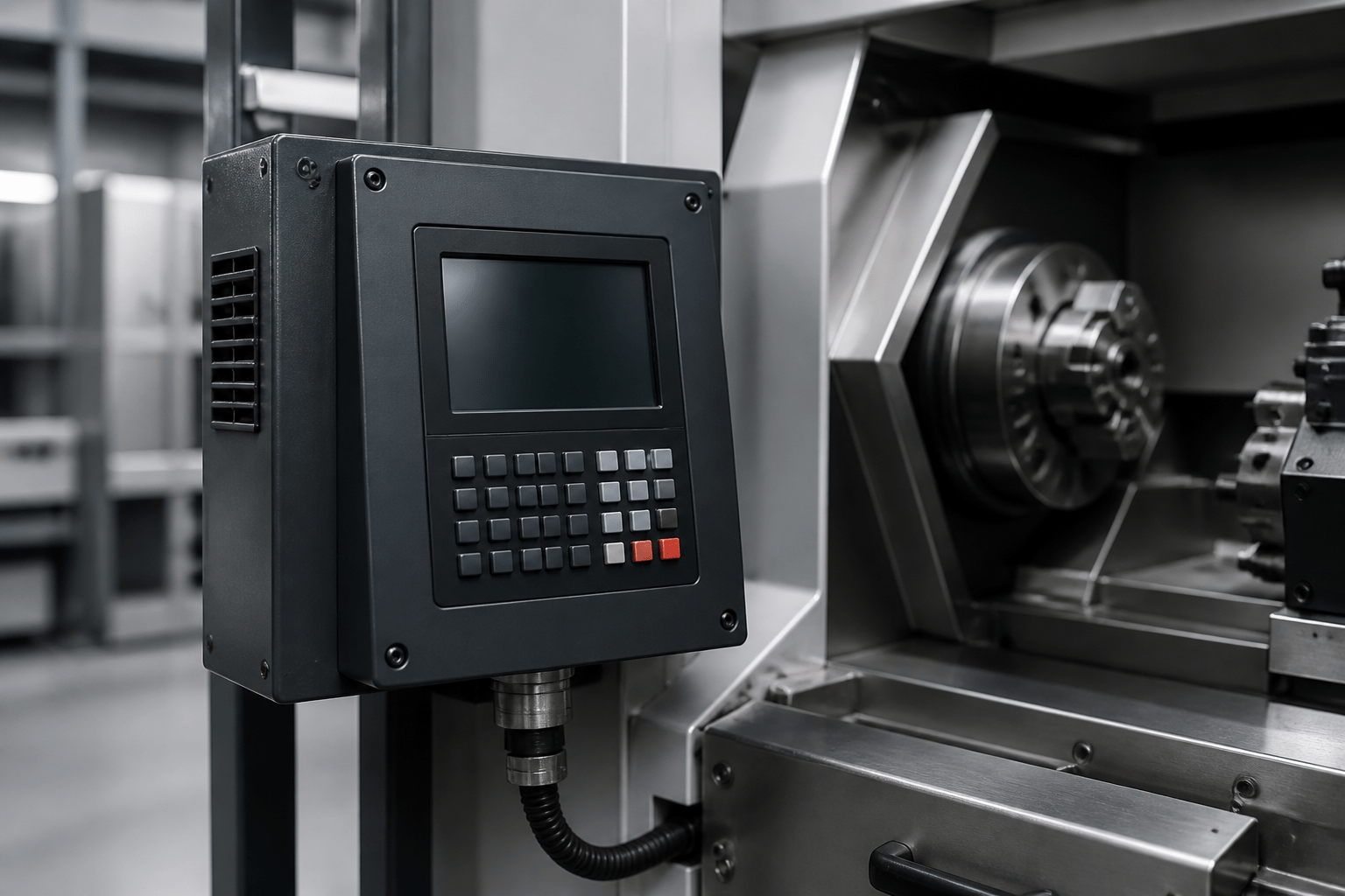Robustes schwarzes Maschinenbedienpanel mit Display und Tasten an einer metallverarbeitenden Industrieanlage.