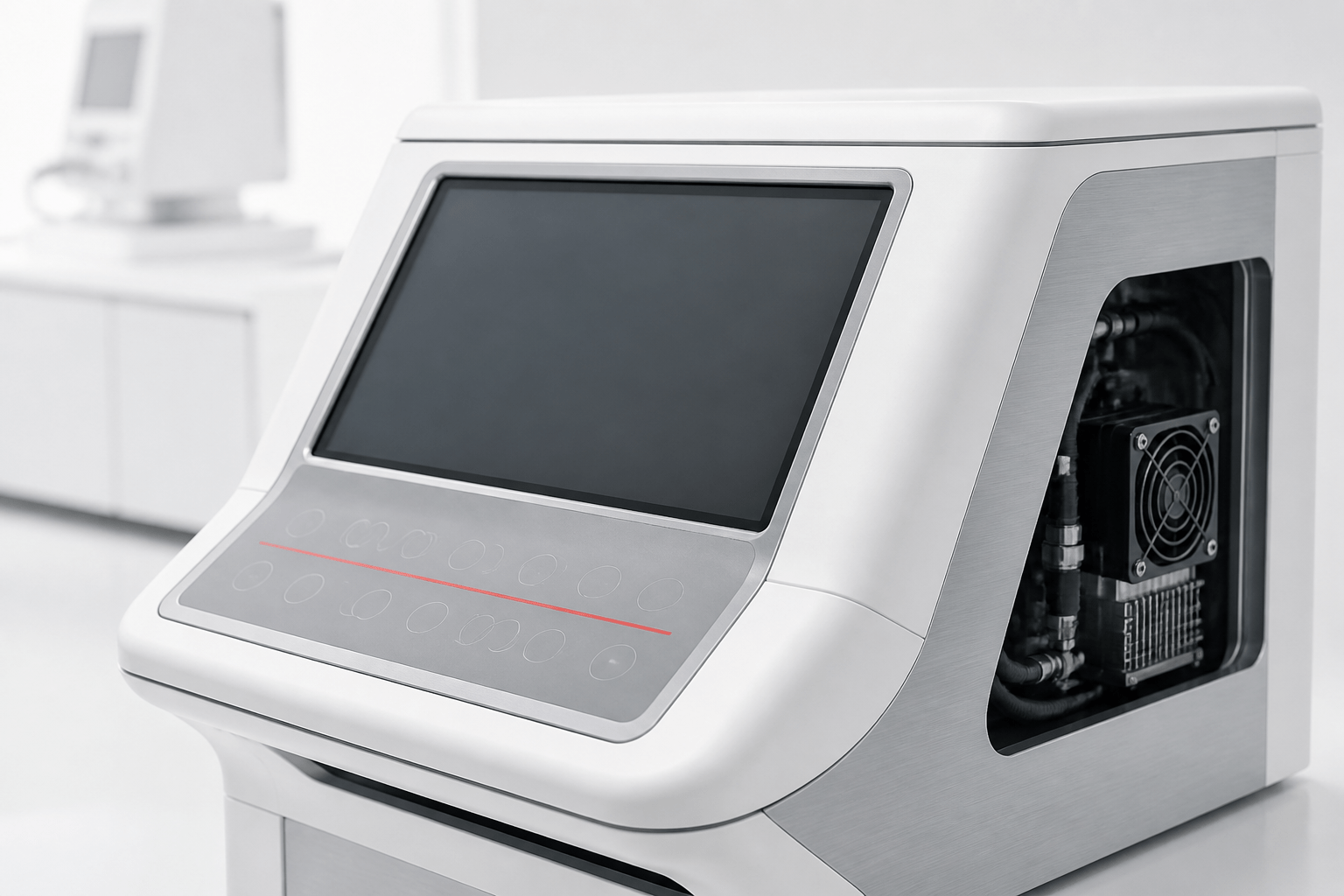 Weißes medizinisches Diagnosegerät mit gebondetem Display, geschlossener Bedienfläche und integrierter Kühlung in heller Laborumgebung.