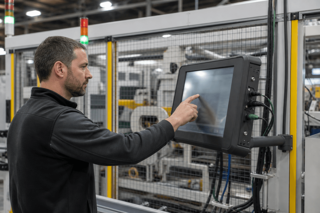 Mitarbeiter bedient einen industriellen Touchmonitor in einem passgenauen Gehäuse an einer Produktionsanlage.