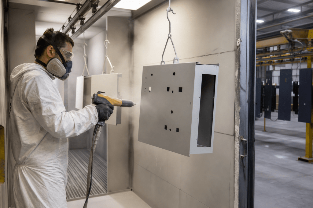 Mitarbeiter beschichtet ein aufgehängtes Metallgehäuse in einer industriellen Pulverbeschichtungskabine.