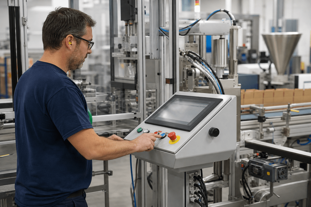Anlagenbediener arbeitet an einem geneigten Pultgehäuse mit Touchscreen und Bedienelementen in einer Produktionshalle.