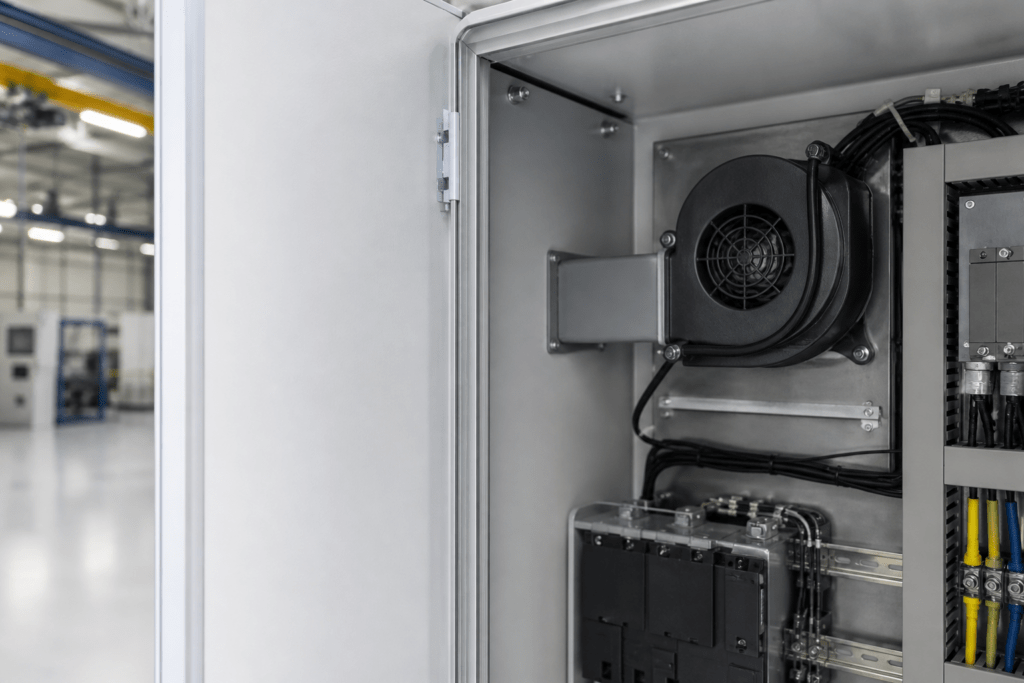 Radiallüfter mit Schneckengehäuse und Luftkanal in einem geöffneten Schaltschrank.
