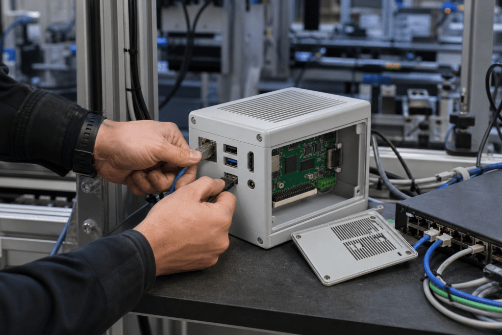 Techniker verbindet ein belüftetes Industriegehäuse für einen Einplatinencomputer mit Ethernet- und USB-Kabeln.