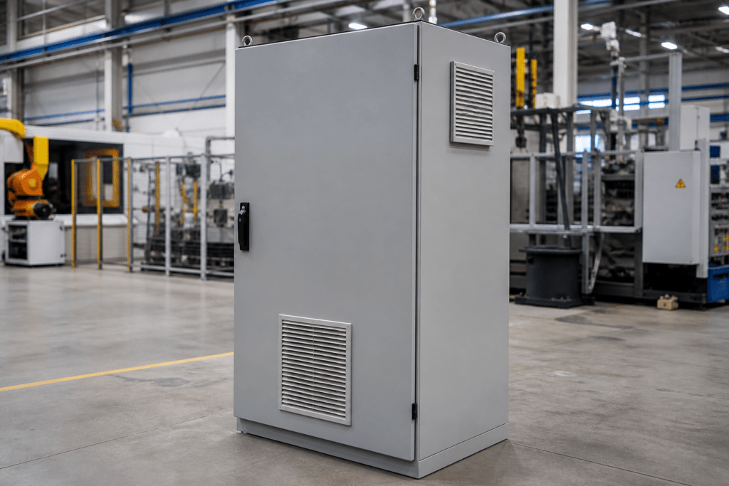 Grauer Industrieschaltschrank mit Filterlüfter unten und passivem Austrittsfilter oben.