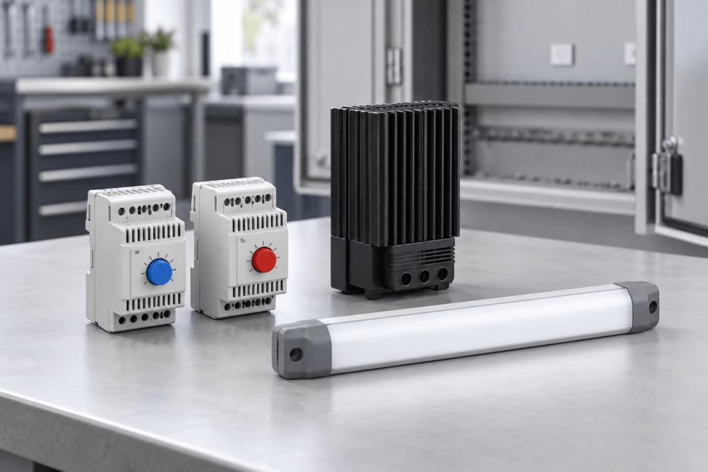 Zwei Regler mit Drehknöpfen, eine schwarze Schaltschrankheizung und eine LED-Leuchte auf einer Werkbank.