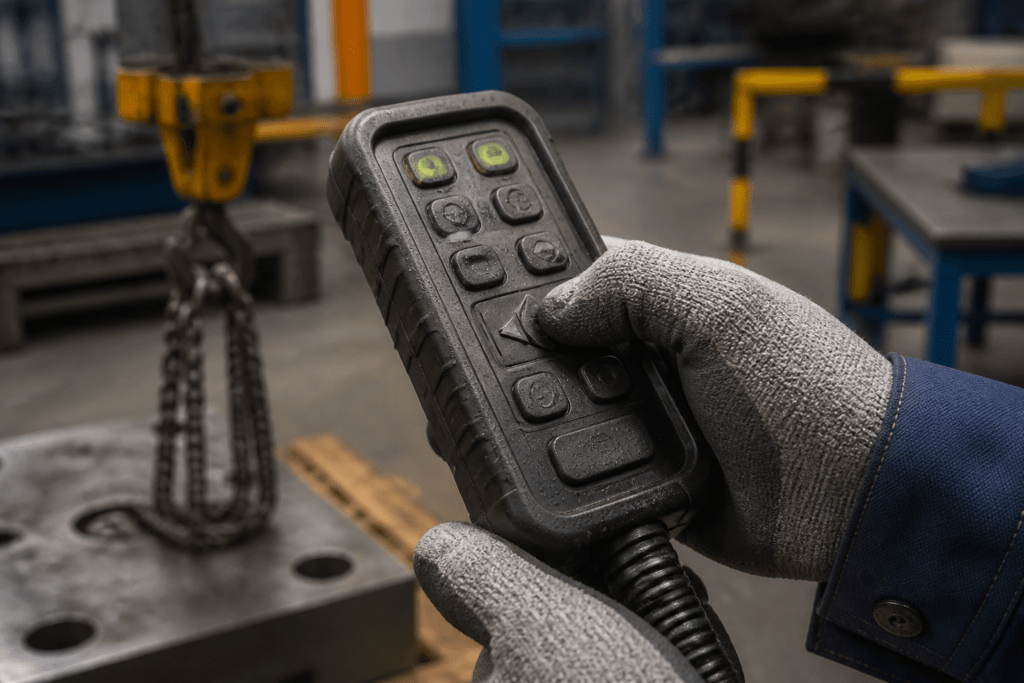 Arbeiter mit Schutzhandschuhen bedient eine feuchte schwarze Silikontastatur an einem kabelgebundenen Industrie-Handcontroller.