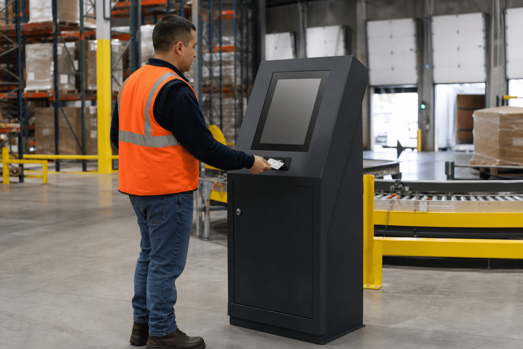 Mitarbeiter nutzt ein freistehendes Touchterminal mit Kartenscanner in einem Logistikzentrum.