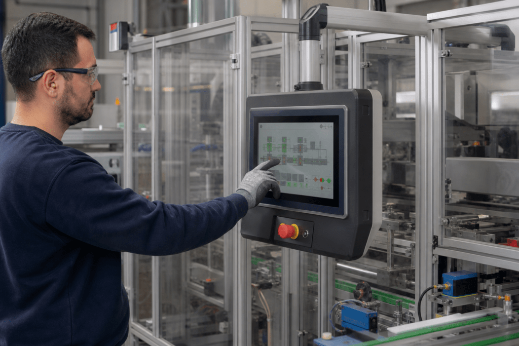 Techniker mit Schutzbrille und Handschuh bedient einen fest montierten Industrie-Touchscreen an einer eingehausten automatisierten Produktionsanlage.