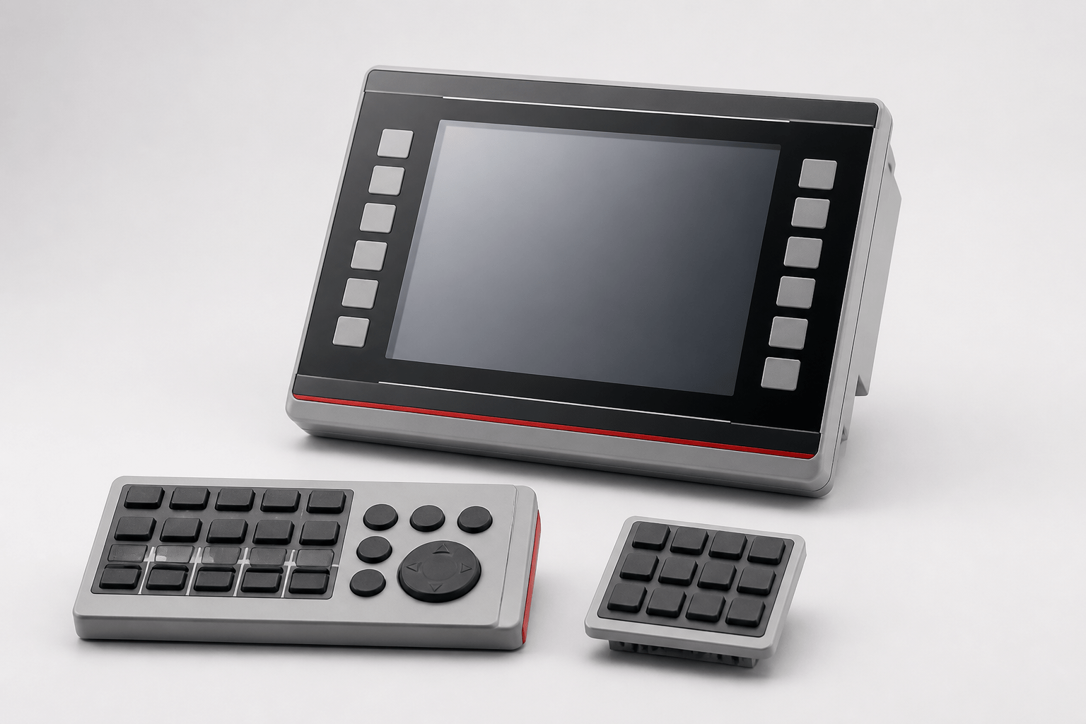 Bedienpanel mit Display und seitlichen Tasten sowie zwei separate Tastenfelder.