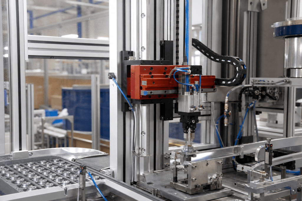 Pneumatische Pick-and-Place-Einheit mit rot-orangefarbener Linearachse und Greifer über einer Werkstückaufnahme in einer automatisierten Montagezelle.